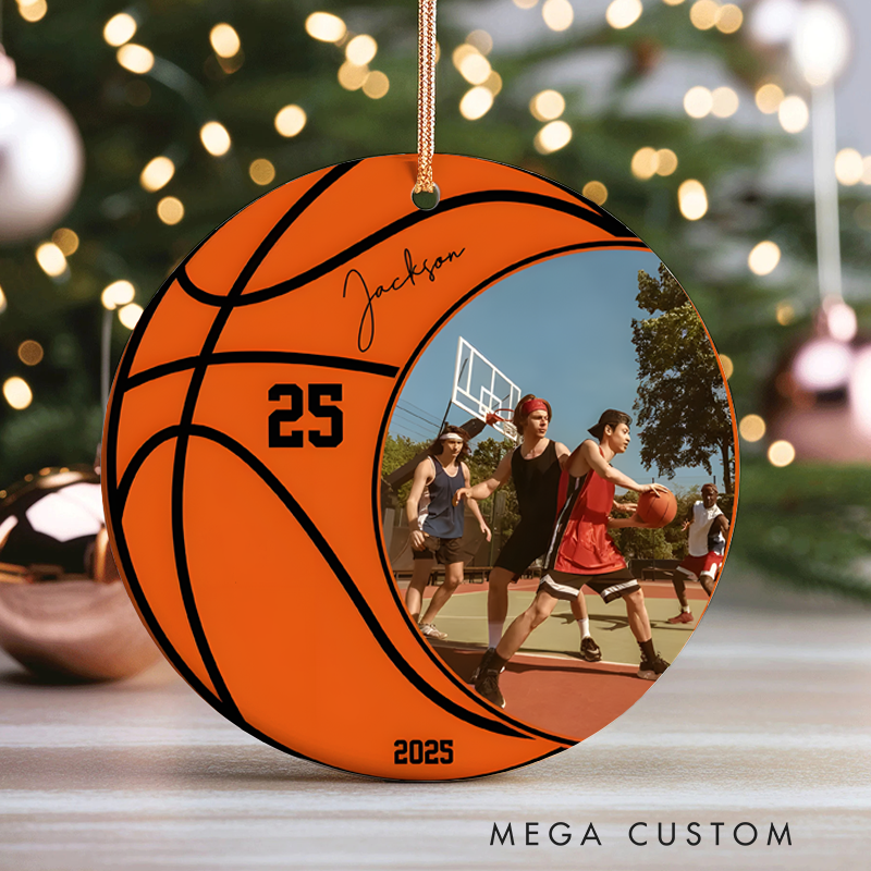 Personalized Basketball Photo Ornament with Custom Name, Number, and Year