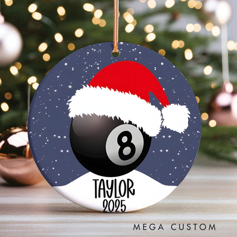 Personalized Billiards Christmas Ornament with Santa Hat, Custom Name, and Year
