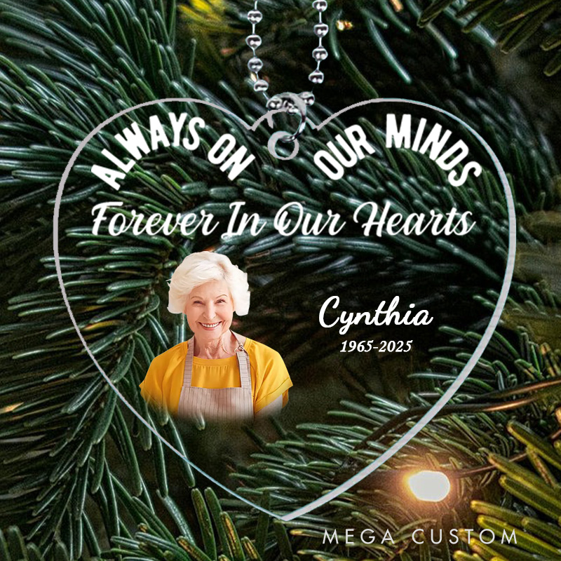 Personalized Memorial Heart Ornament Custom Photo Name Year Always On Our Minds Forever In Our Hearts Gift
