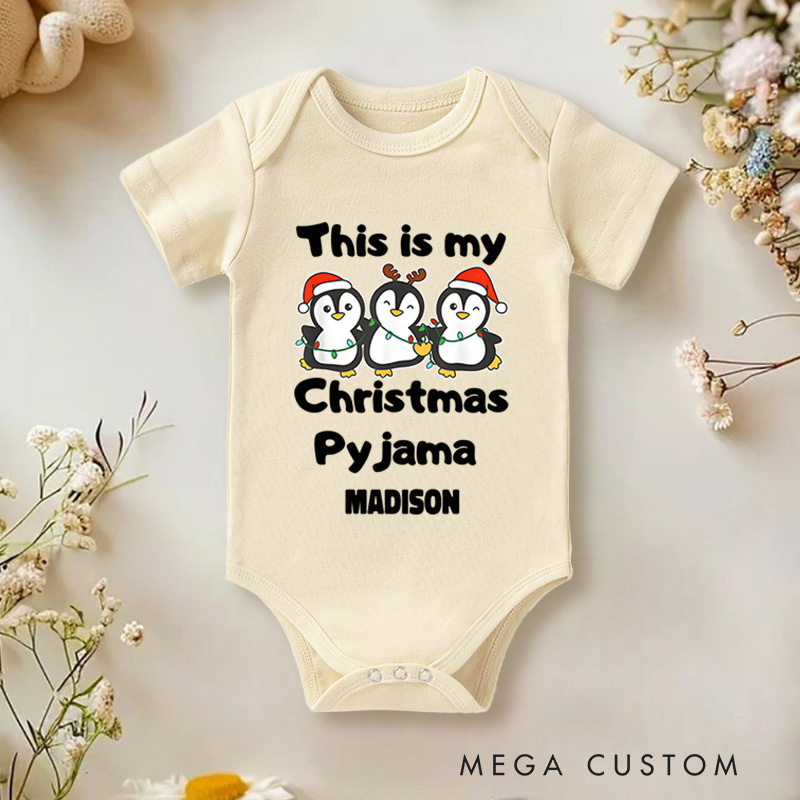 Personalized Christmas Pajama Penguins Baby Onesie Perfect for Adding Whimsy to Holiday Celebrations Baby Onesie