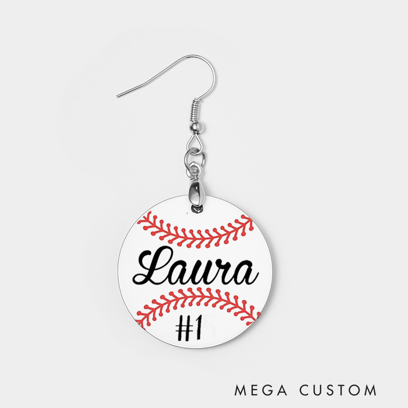 Personalized Round Baseball Softball Wooden Earrings with Name and Number Birthday Anniversary Gift for Sports Lover