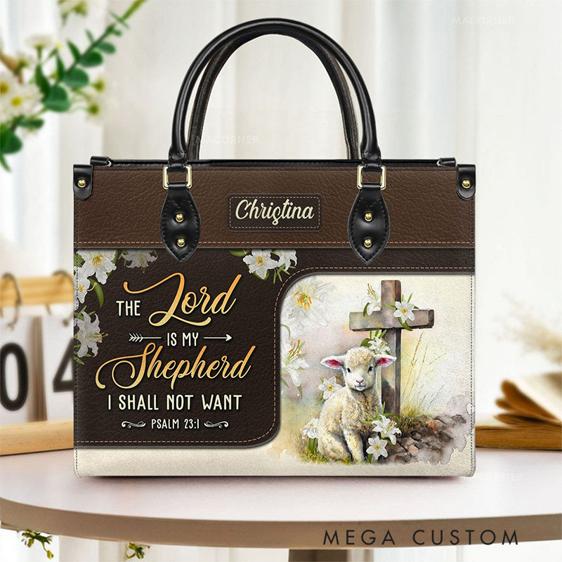 Personalized The Lord is My Shepherd Psalm 23:1 Bible Verse Leather Handbag with Name Religious Gift Christian Gift for Her