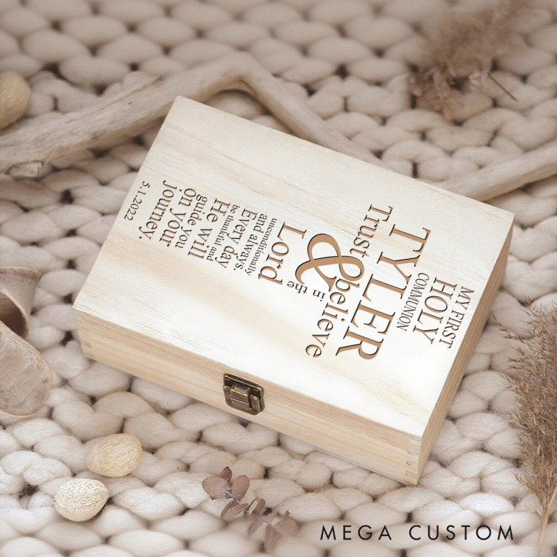 Personalized Cross Bible Verse Wooden Keepsake Box with Name and Date Religious Gift First Holy Communion Gift for Christians