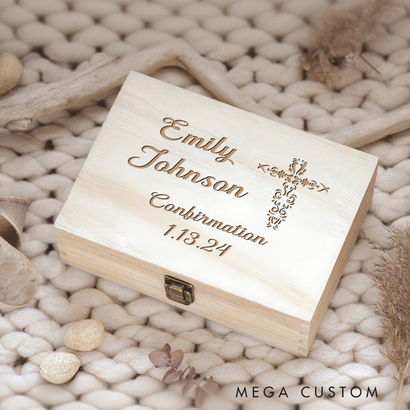 Personalized Wooden Keepsake Box with Cross Name and Date Religious Gift Best Gift for Girls