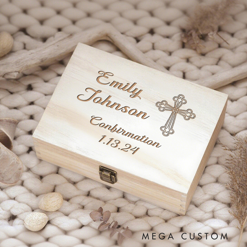 Personalized Wooden Keepsake Box Cross with Name and Date Religious Gift Best Gift for Girls