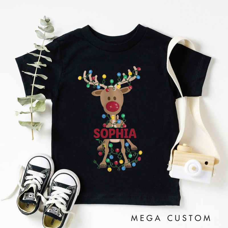 Personalized Reindeer Wrapped in Christmas Lights Christmas Kids T-Shirt