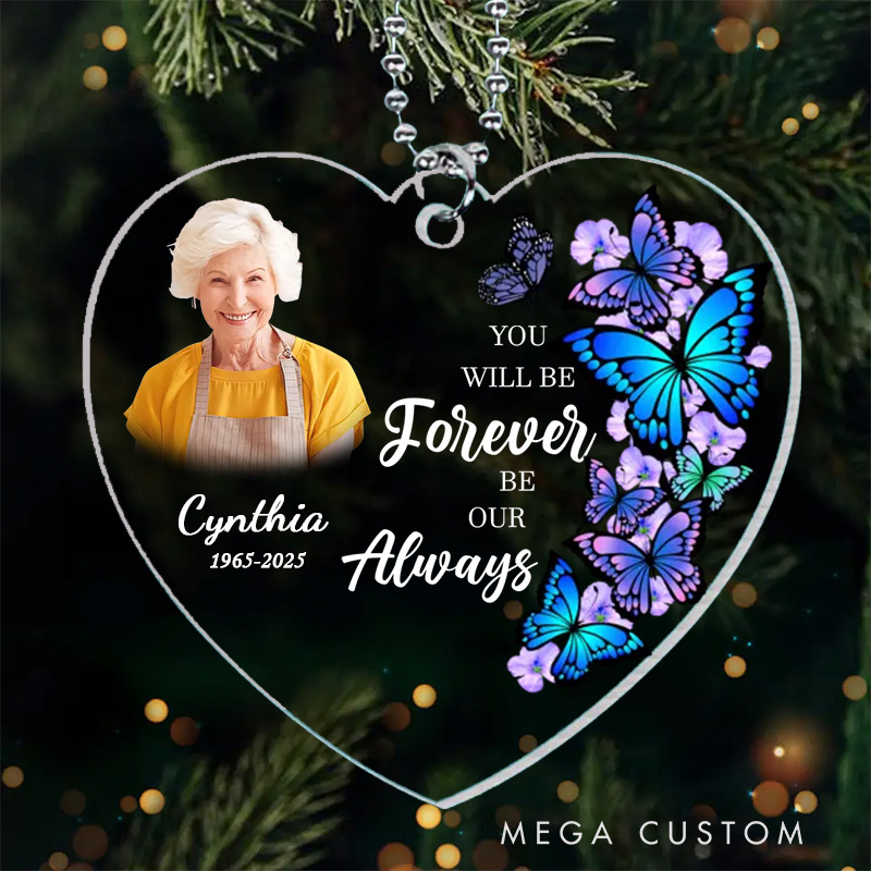 Personalized Heart Shaped Memorial Ornament Customizable Photo Name Year Quote Colorful Butterflies Keepsake