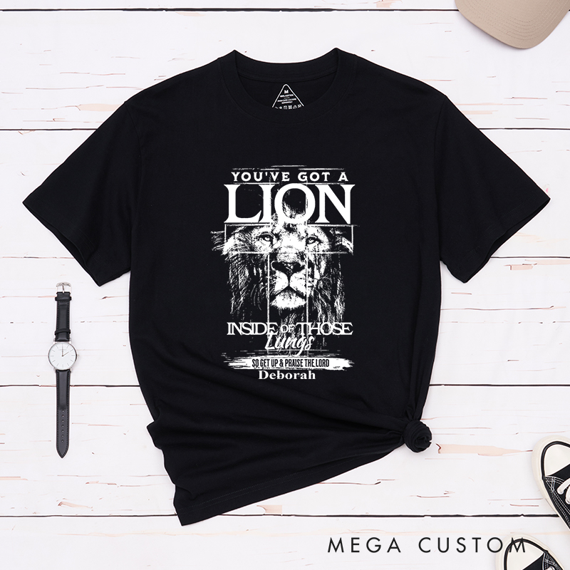 Personalized Lion Imagery Cotton Bible Verse Classic T-Shirt with Custom Name Christians Gift Birthday Gift Christian Apparel Gift for Jesus Lover 