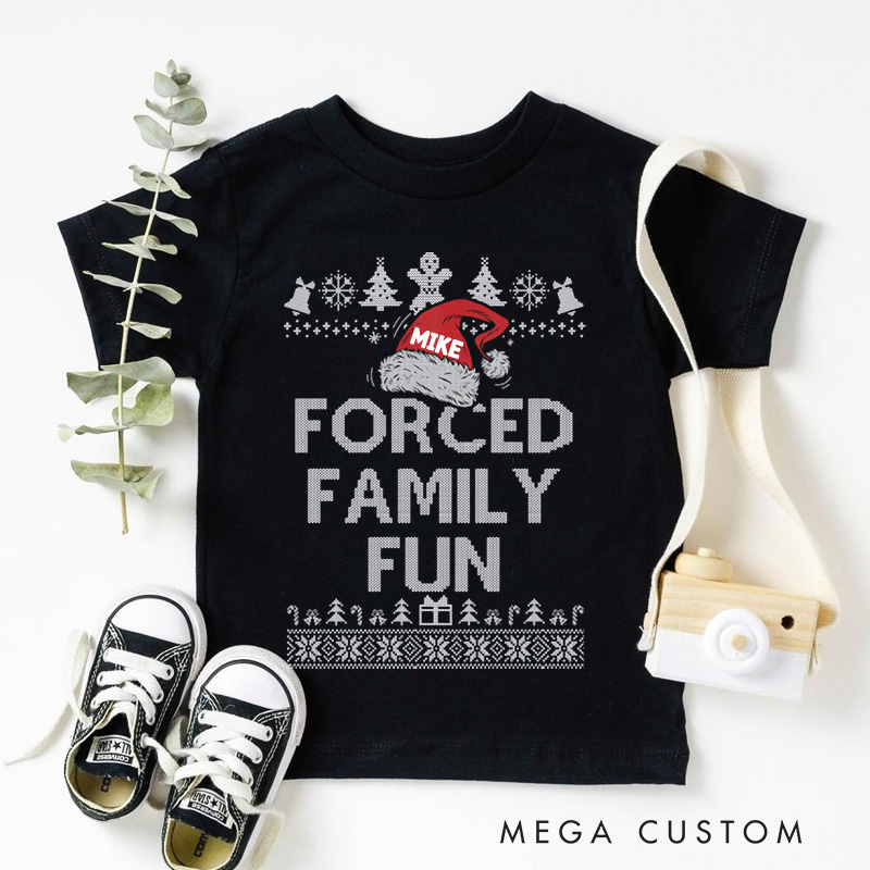 Personalized Forced Family Fun with Santa and Holiday Icons Christmas Kids T-Shirt