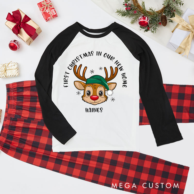 Personalized Kids Christmas Pajamas First Christmas in Our New Home Design Custom Name Reindeer Theme Sleepwear for Housewarming Holiday Gift