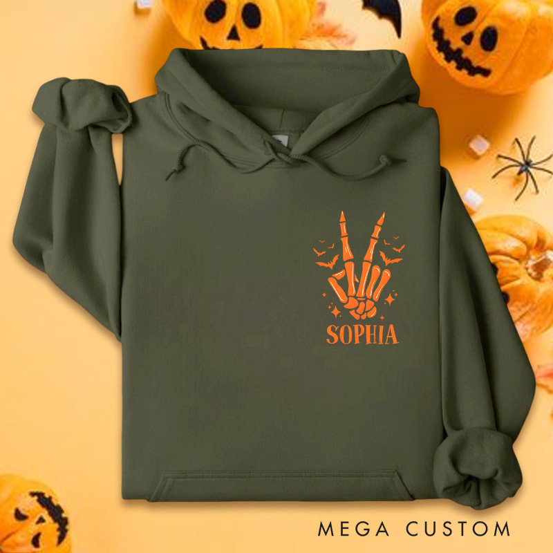 Personalized Skeleton Hands with Pumpkin and Moon Halloween Night Vibes Hoodies