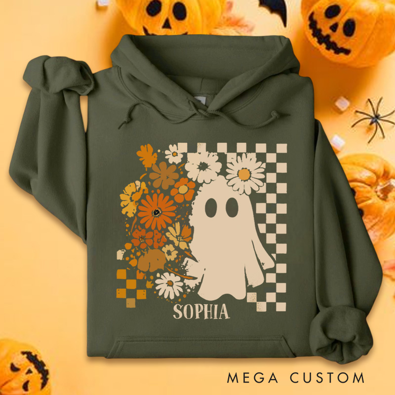 Personalized Cute Ghost with Sunflowers and Checkerboard Pattern Rustic Halloween Hoodies