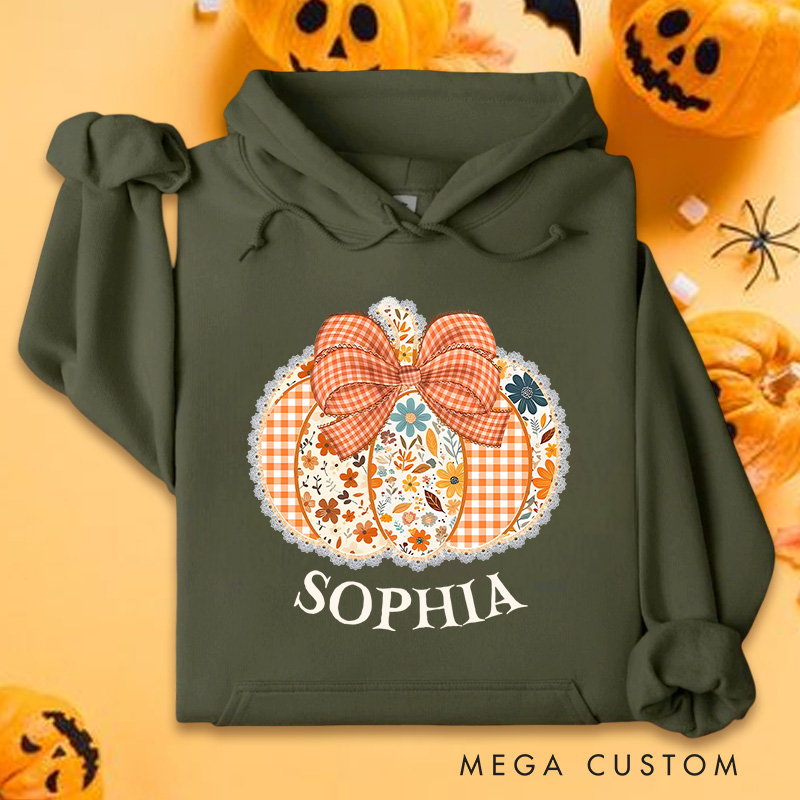Personalized Gingham Pumpkin with Bow and Floral Accents Autumn Harvest Hoodies