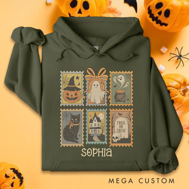 Personalized Vintage Halloween Postage Stamps with Spooky Icons Hoodies