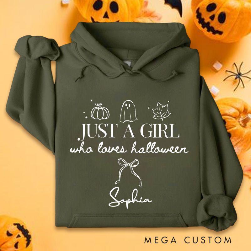 Personalized Just a Girl Who Loves Halloween Cute and Playful Ghostly Fun Hoodies