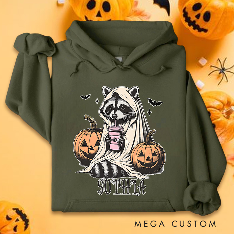 Personalized Raccoon with Pumpkins and Bats Adorable Halloween Forest Vibes Hoodies