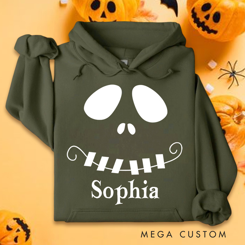 Personalized Mysterious Grinning Skull Illustration for Trendy Halloween Hoodies