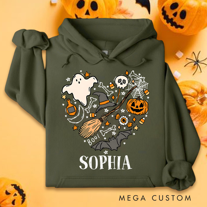 Personalized Enchanting Halloween Heart Collage with Ghosts and Pumpkins for Festive Hoodies