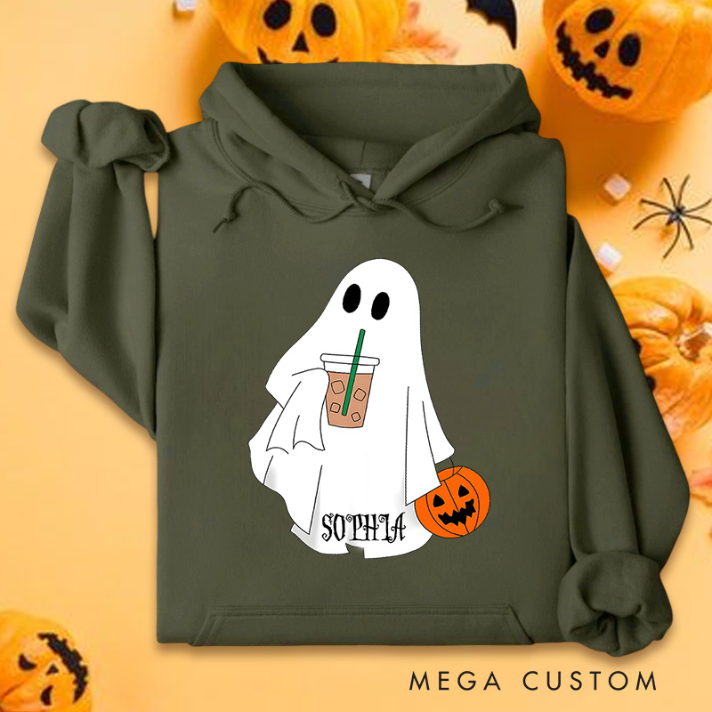 Personalized Ghost Enjoying Coffee Illustration for Cozy and Playful Autumn Hoodies
