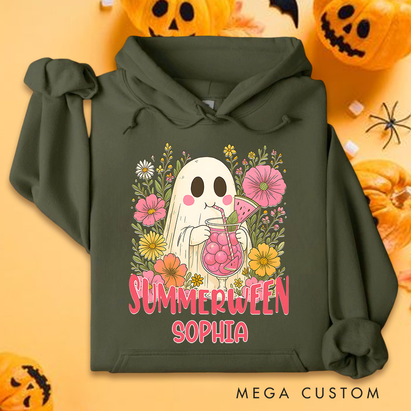 Personalized Summerween Ghost with Colorful Flowers and Happy Vibes Hoodies
