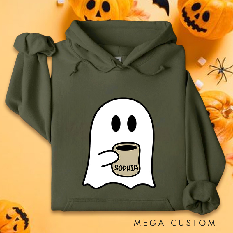 Personalized Coffee Loving Ghost Illustration for Relaxed and Cozy Autumn Hoodies