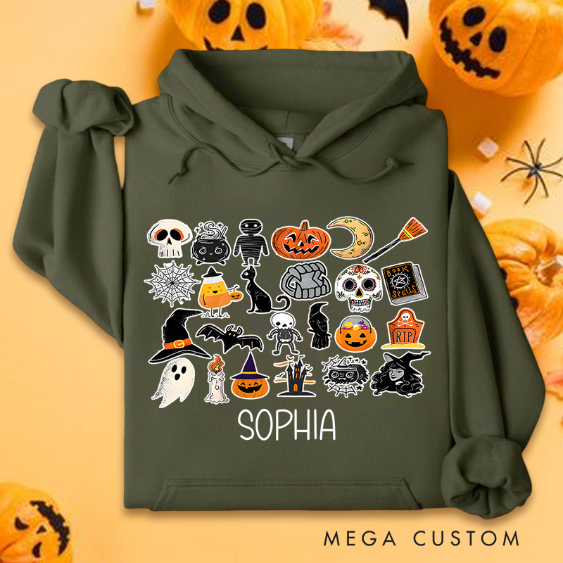 Personalized Halloween Icon Collage with Ghosts and Pumpkins for Festive Hoodies
