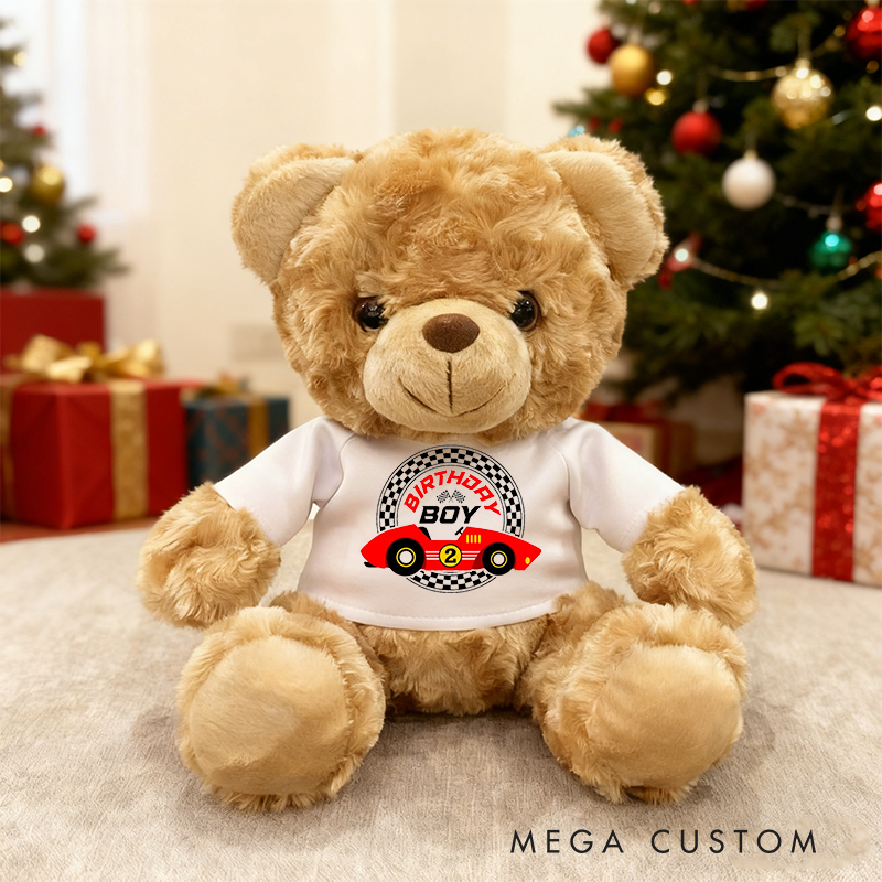 Personalized Birthday Boy Brown Bear Plush Toy Custom Racing Car Age Gift