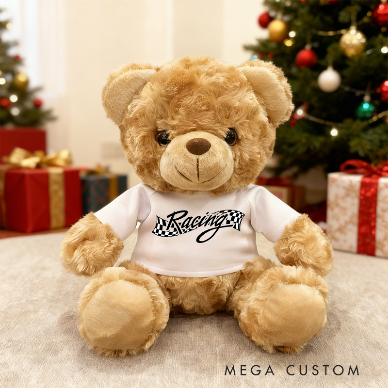 Personalized Racing Brown Bear Plush Toy Custom Checkered Flag Gift