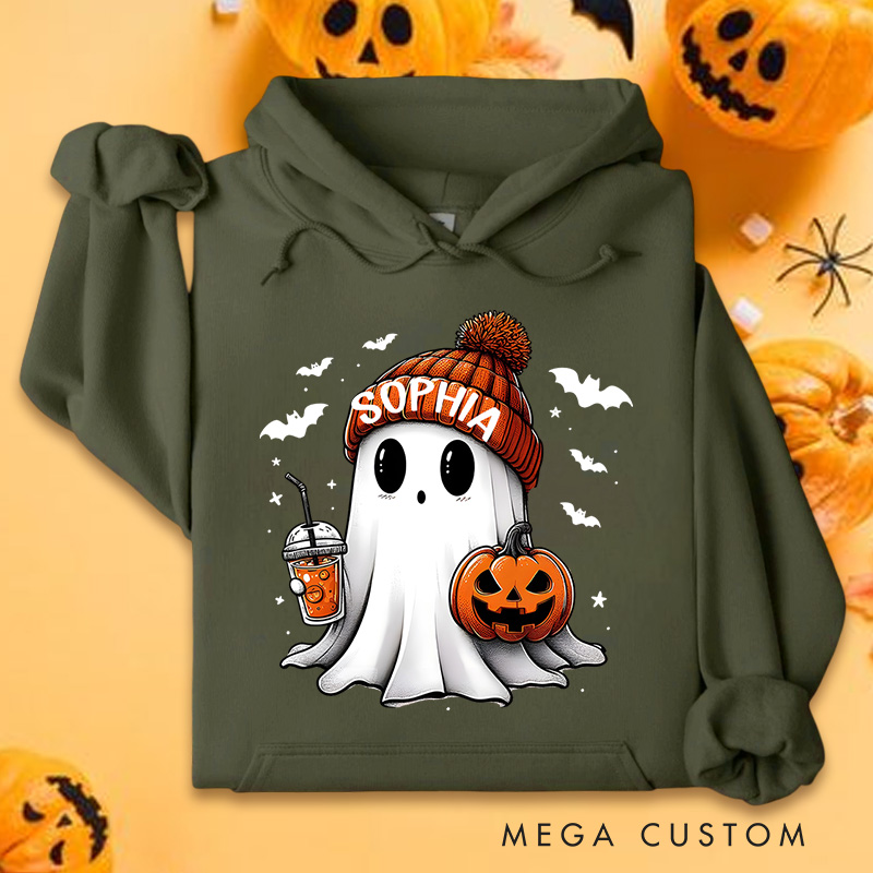 Personalized Adorable Ghost with Pumpkin and Coffee Autumn Halloween Aesthetic Hoodies