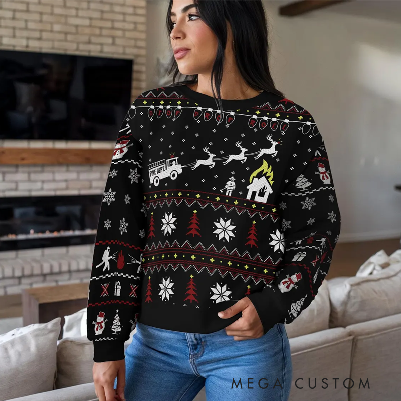 Personalized Firefighter Ugly Christmas Sweater Fun and Festive Gift for Firefighting Enthusiasts