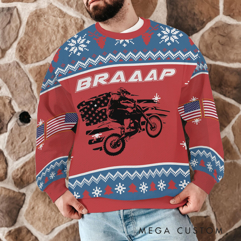 Personalized Dirt Bike Braap Ugly Christmas Sweater with American Flag Design Perfect Gift for Motocross Fans