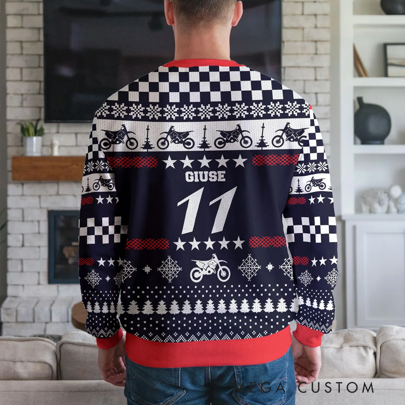 Personalized Motocross Ugly Christmas Sweater with American Flag and Dirt Bike Design Perfect Gift for Bikers