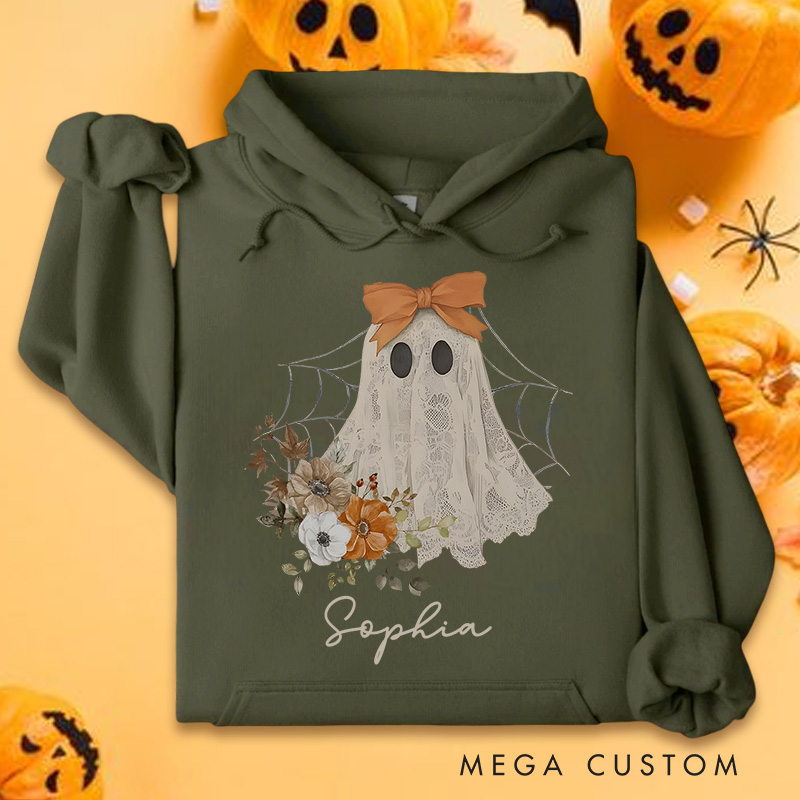 Personalized Elegant Ghost with Bow and Floral Accents Halloween Hoodies