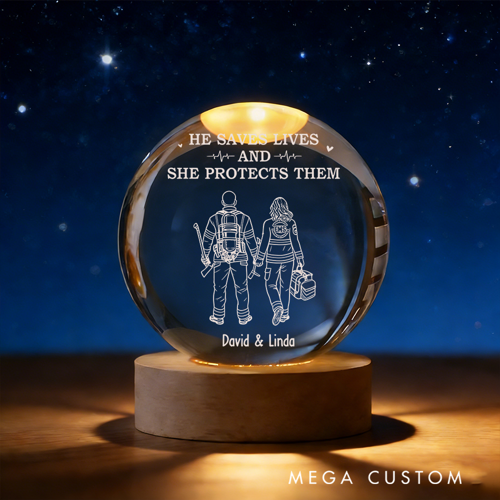 Personalized Firefighter Couple Crystal Globe Lamp Unique Gift for Partners