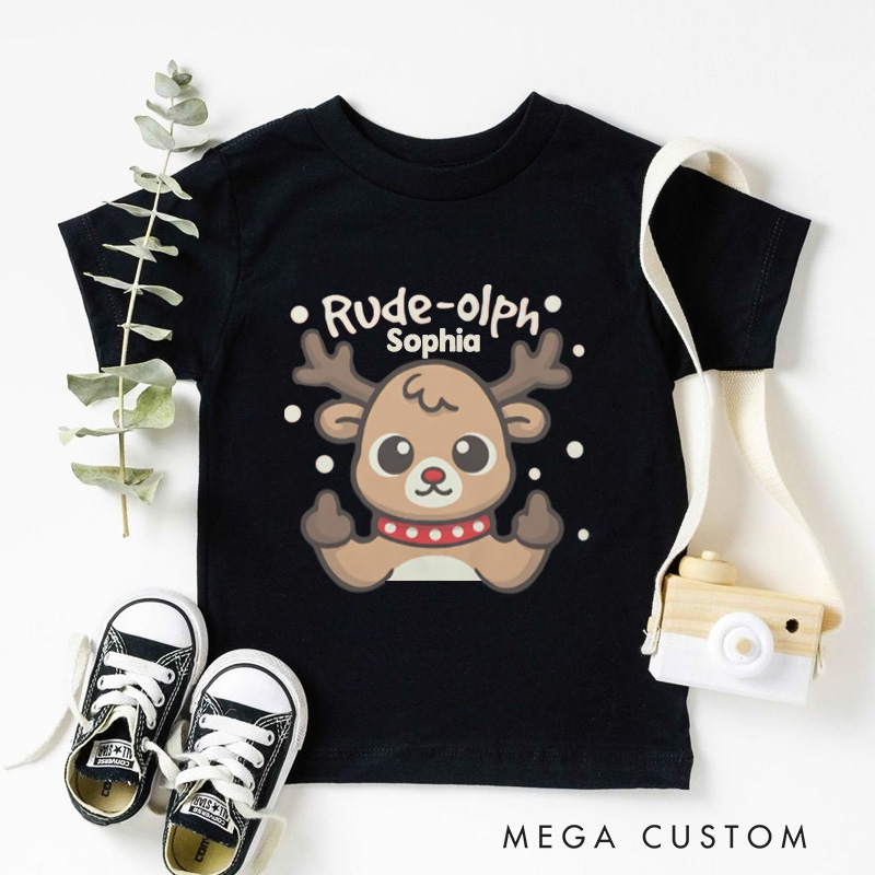 Personalized Rude Reindeer with Playful Expression Christmas Kids T-Shirt