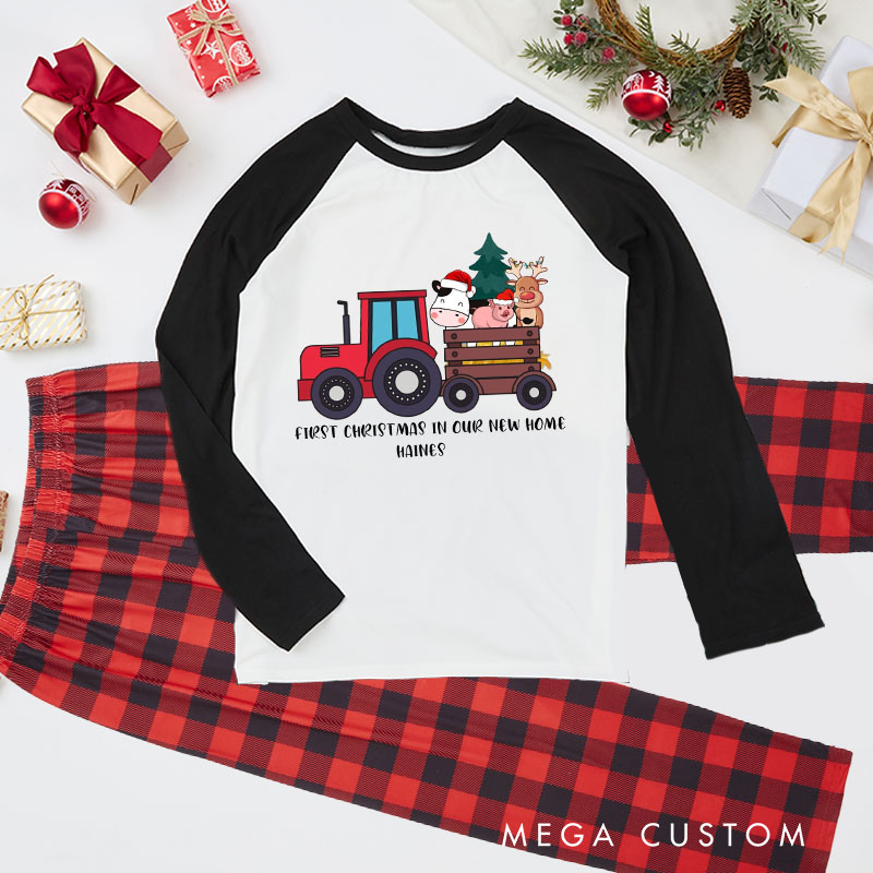 Personalized Kids Christmas Pajamas Custom Name Tractor and Festive Characters Theme Christmas Holiday Custom Kids Name Pajamas New Home Gift