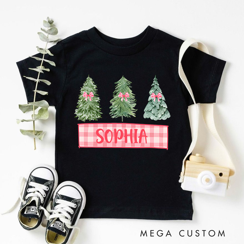 Personalized Trio of Christmas Trees with Plaid Accents Christmas Kids T-Shirt