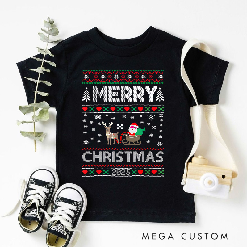 Personalized Ugly Sweater Style Merry Christmas Text Christmas Kids T-Shirt