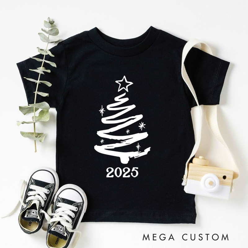 Personalized Minimalist Black and White Christmas Tree Christmas Kids T-Shirt