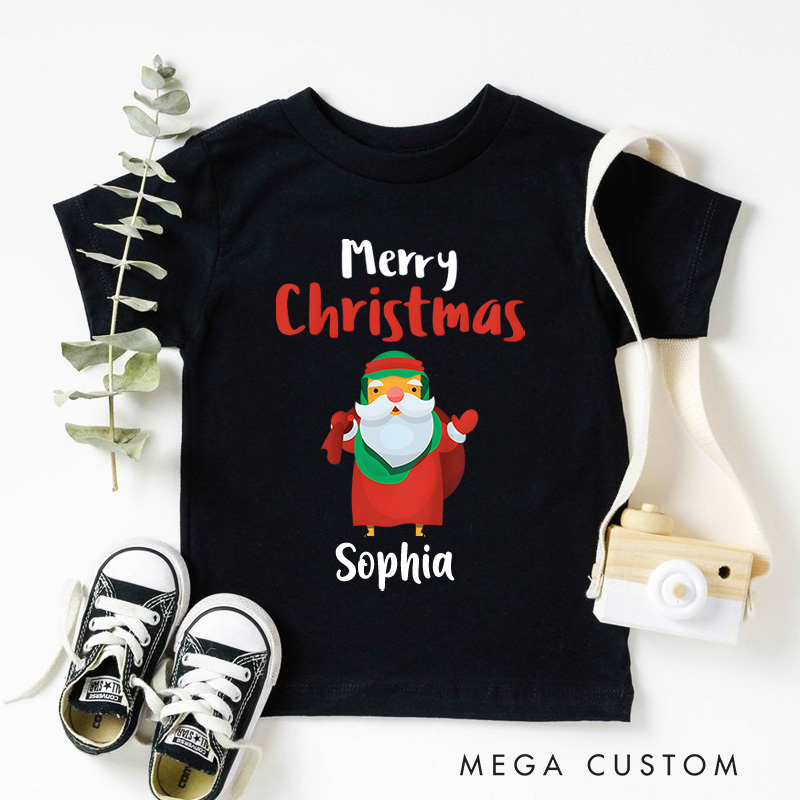 Personalized Santa with Gift Bag and Merry Christmas Text Christmas Kids T-Shirt