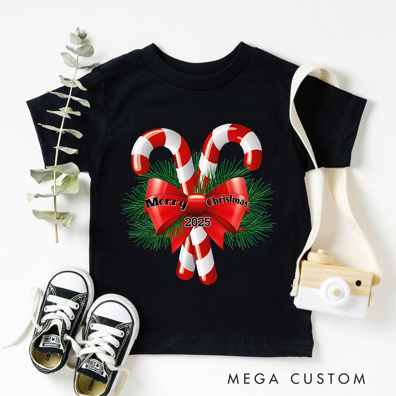 Personalized Candy Canes with Bow and Holly Accents Christmas Kids T-Shirt