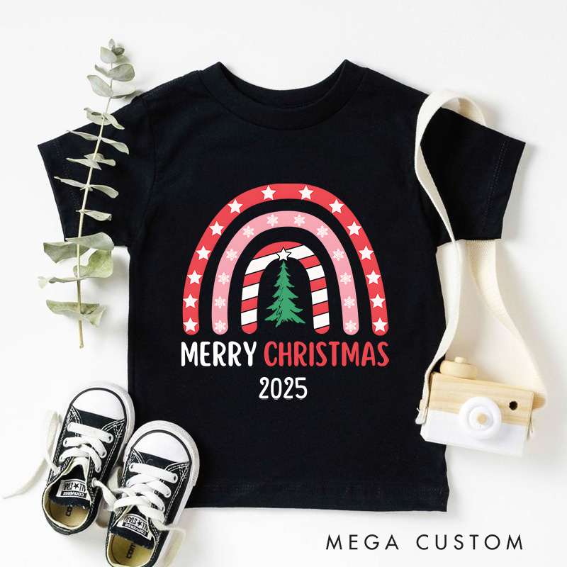 Personalized Rainbow with Merry Christmas Text and Stripes Christmas Kids T-Shirt