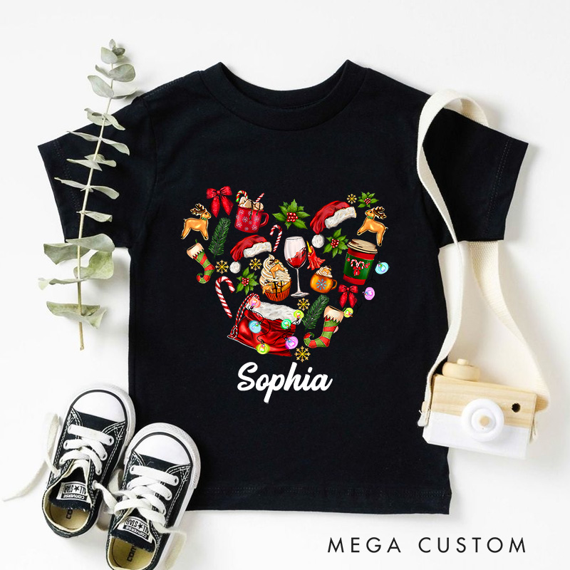 Personalized Heart Shape Made of Christmas Decorations Christmas Kids T-Shirt