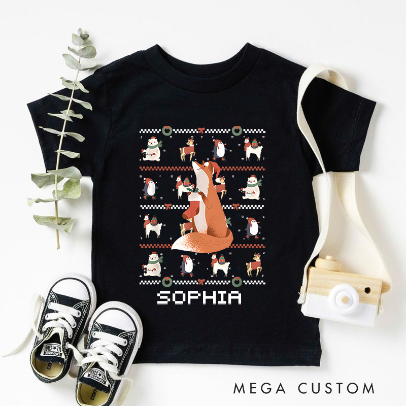 Personalized Reindeer with Snowman and Ugly Sweater Style Christmas Kids T-Shirt