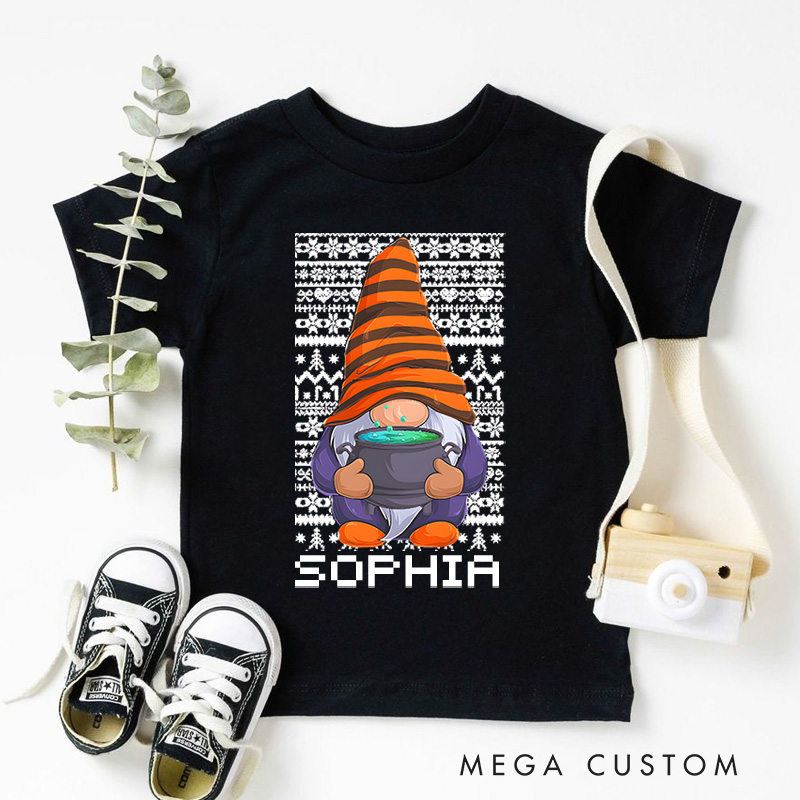 Personalized Christmas Gnome with Stars and Festive Details Christmas Kids T-Shirt