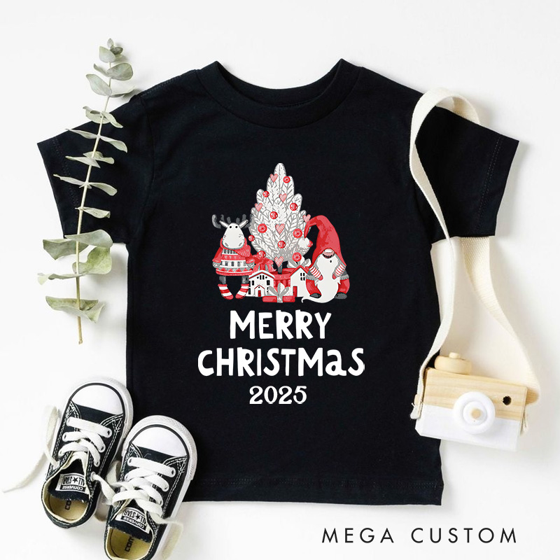 Personalized Santa with Merry Christmas Text and Snowflakes Christmas Kids T-Shirt