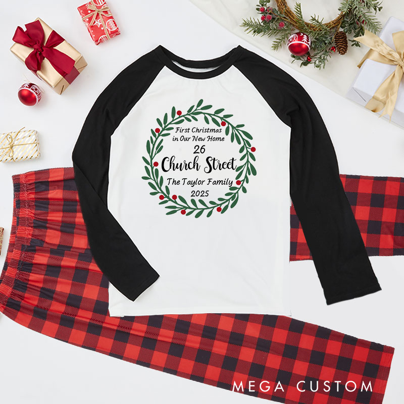 Personalized Adult Christmas Pajamas First Christmas in Our New Home Design Custom Address Family Name and Year Festive Wreath Theme