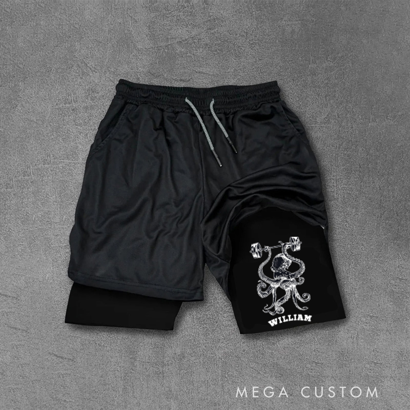 Personalized Performance Training Shorts with Giant Squid and Barbell Built in Compression Layer for Fitness Enthusiasts Bodybuilders and Gym Lovers