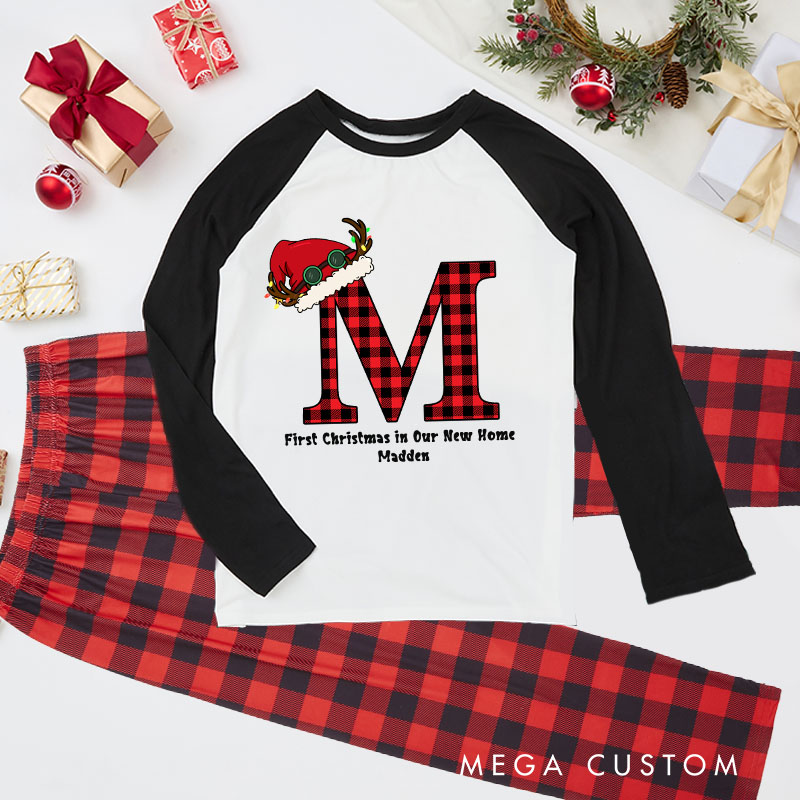 Personalized Adult Christmas Pajamas First Christmas in Our New Home Design Custom Initial and Name Festive Buffalo Plaid and Santa Hat Theme