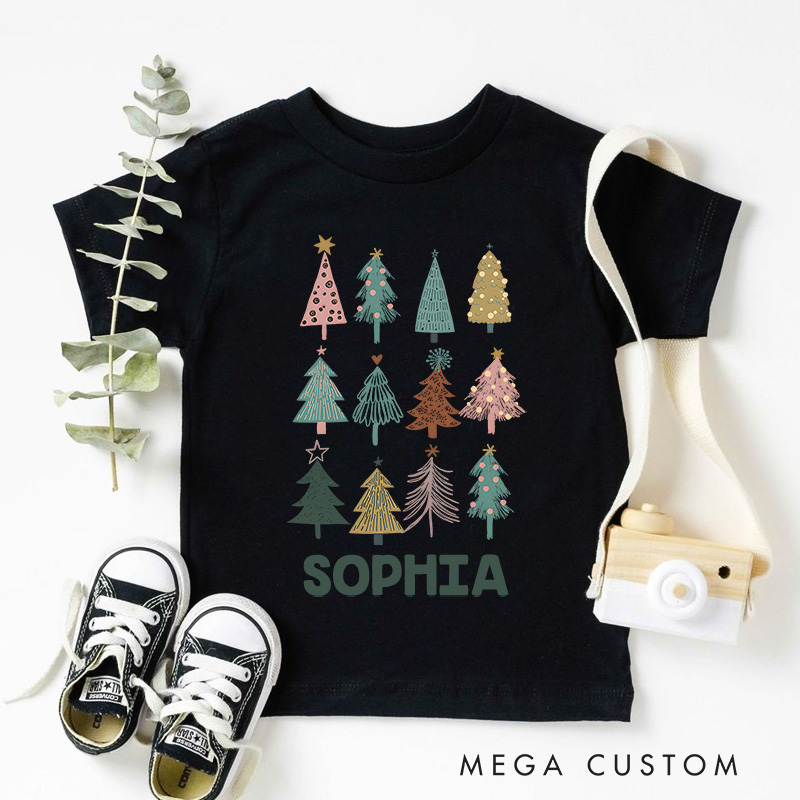 Personalized Patchwork Christmas Trees with Rustic Style Christmas Kids T-Shirt